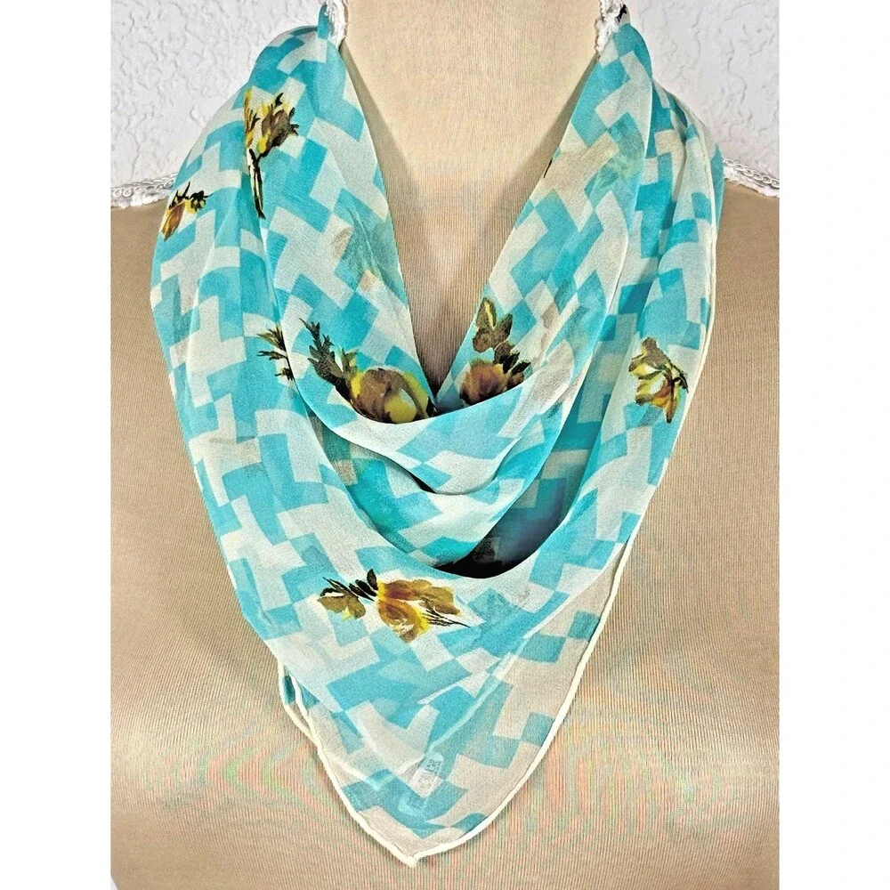 Vintage Pure Silk Chiffon Scarf 23” Aqua Floral Geometric Hand Rolled Japan